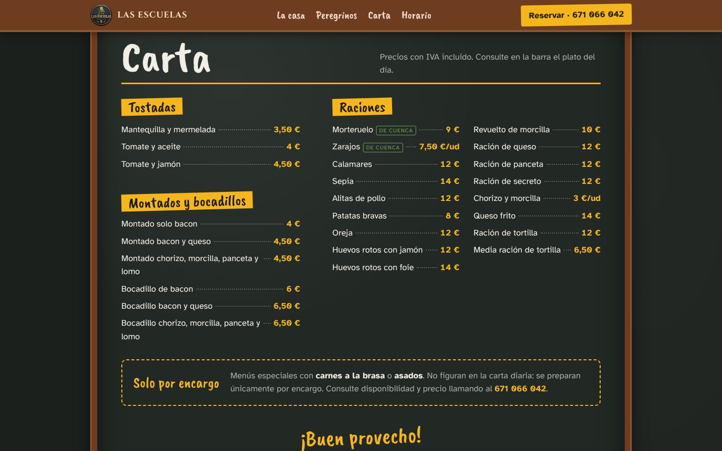Sección de la carta de barlasescuelas.com con tostadas, montados, bocadillos y raciones con sus precios