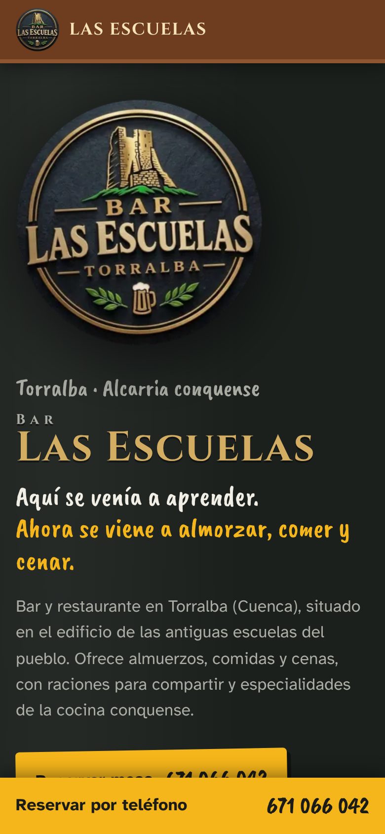 Portada de barlasescuelas.com en un móvil, con la barra fija de reserva por teléfono en la parte inferior